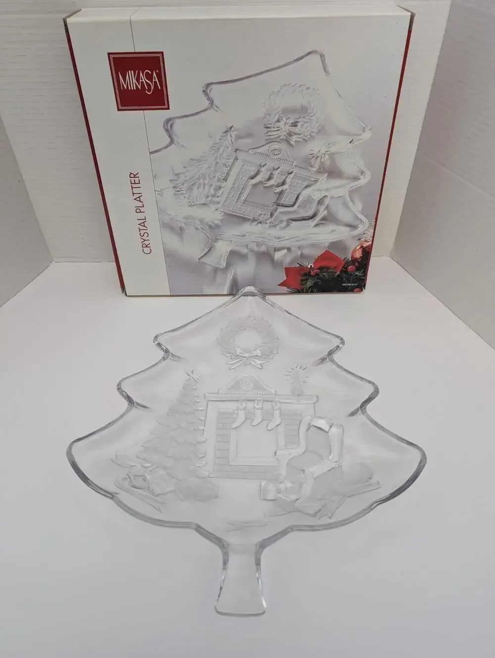 VTG Mikasa Holiday Classics Crystal Christmas Tree Platter Embossed Fireplace